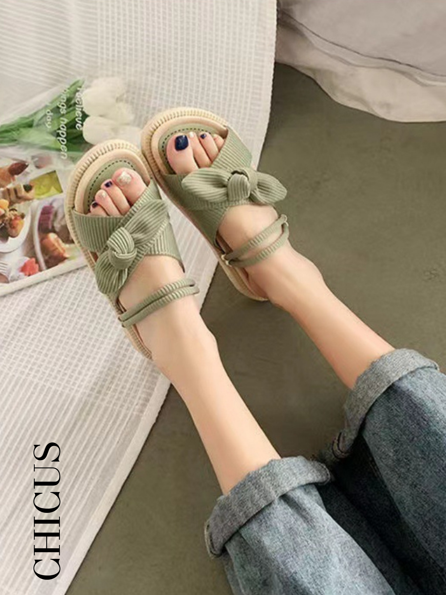 Yeşil Kurdale Desenli Kadın Yaz Ayakkabısı