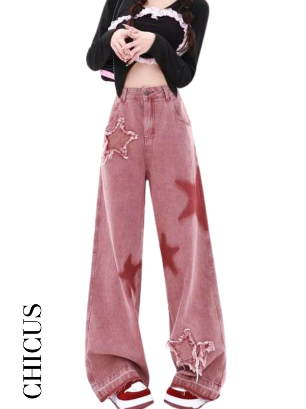 CHICUS star desen vintage pembe kadın pantolon