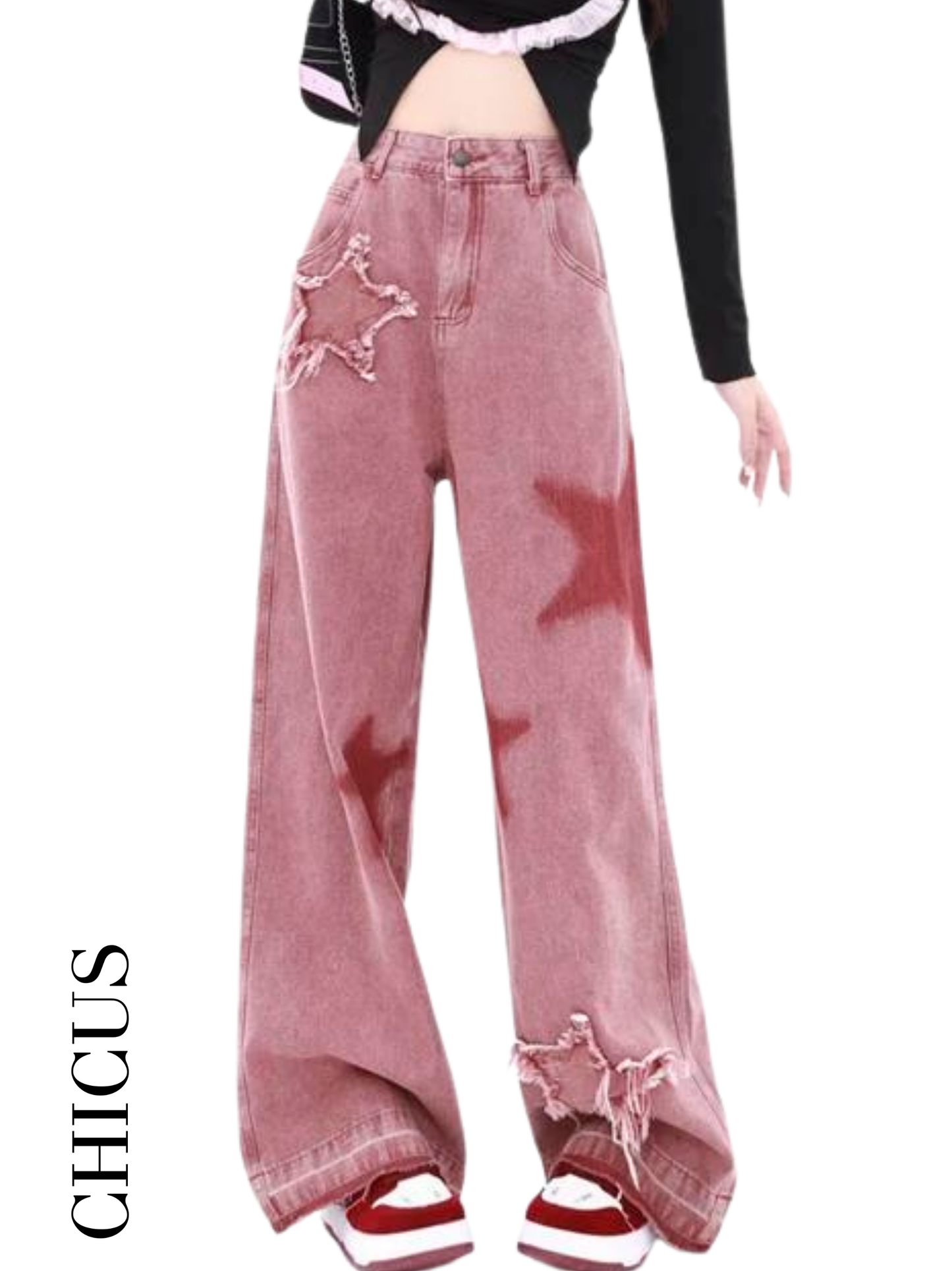 CHICUS star desen vintage pembe kadın pantolon