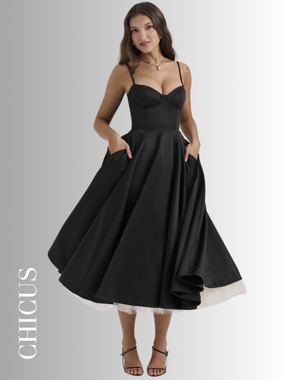 Fransız Örgü Prenses Askılı Siyah Kadın Elbise